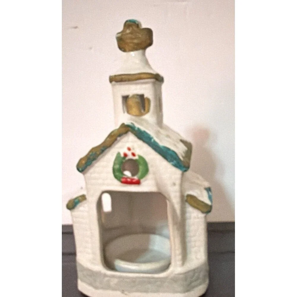 Ceramic Christmas Church Tea Light Candle Holder, Painted White Small 6 in